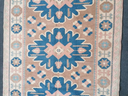 Turkish rug 4'5x7'3 blue and pink wool rug, vintage oushak rug, hand made living room rug