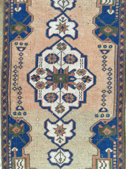 2x3 feet blue muted vintage turkish bath mat, handmade pink kitchen floor small rug, etnique wool anatolian mini rug,tiny small entryway rug