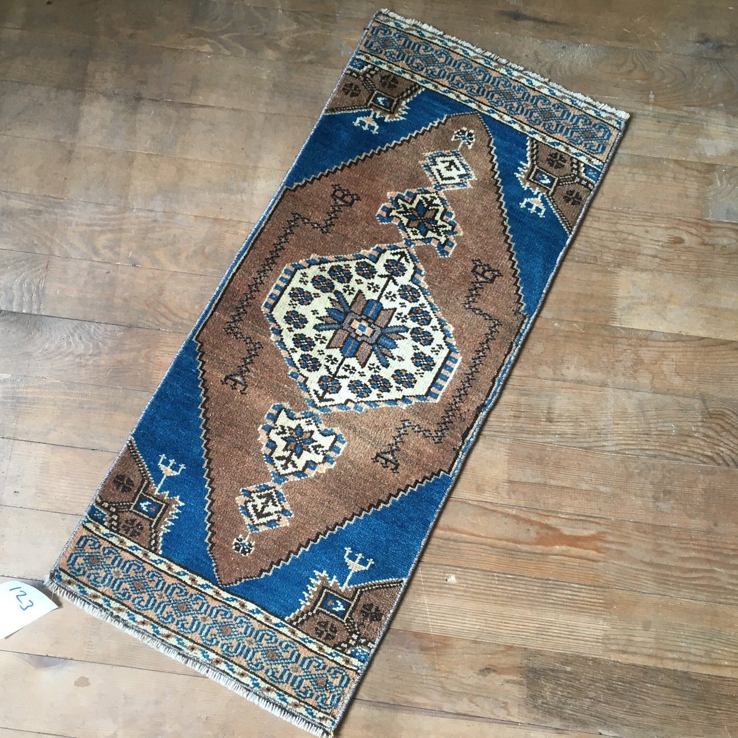 1.3x3 feet handmade turkish mini rug, vintage brown wool kitchen floor mini rug, small handmade blue laundry rug, small bath mat, mini rug