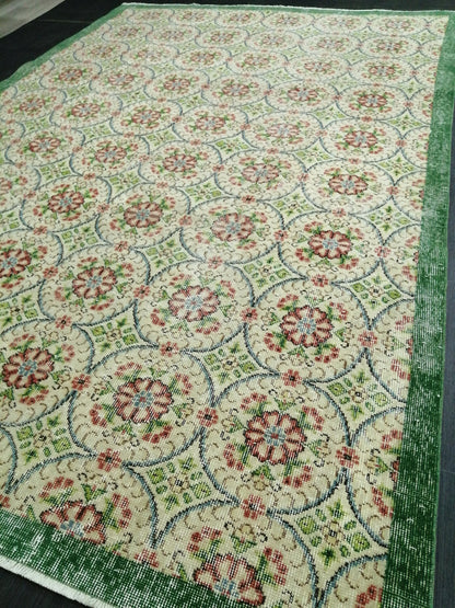 6.4 X 9.5 Rug, Hand Made Rug, Oushak Rug, Rustic Rug, Bohemian Rug, Green Floral Rug , Turkish Rug, Farmhouse Rug, Vintage Rug, Wool rug