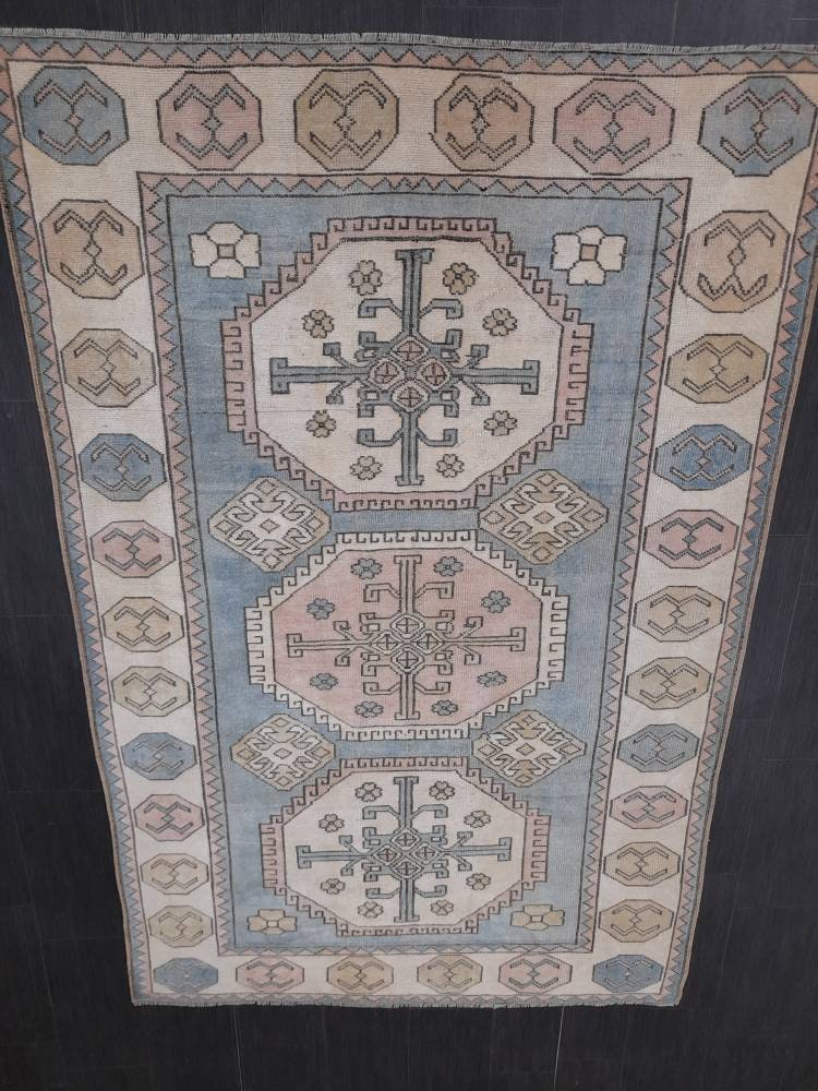 Distressed Wool Hand Made Rug Vintage Oushak Rug Blue 5x8  Oriental Rug, Rug Vintage Turkish Rug, Farmhouse Rug Vintage Rug Living room Rug
