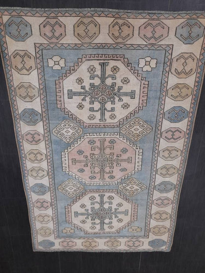 Distressed Wool Hand Made Rug Vintage Oushak Rug Blue 5x8  Oriental Rug, Rug Vintage Turkish Rug, Farmhouse Rug Vintage Rug Living room Rug