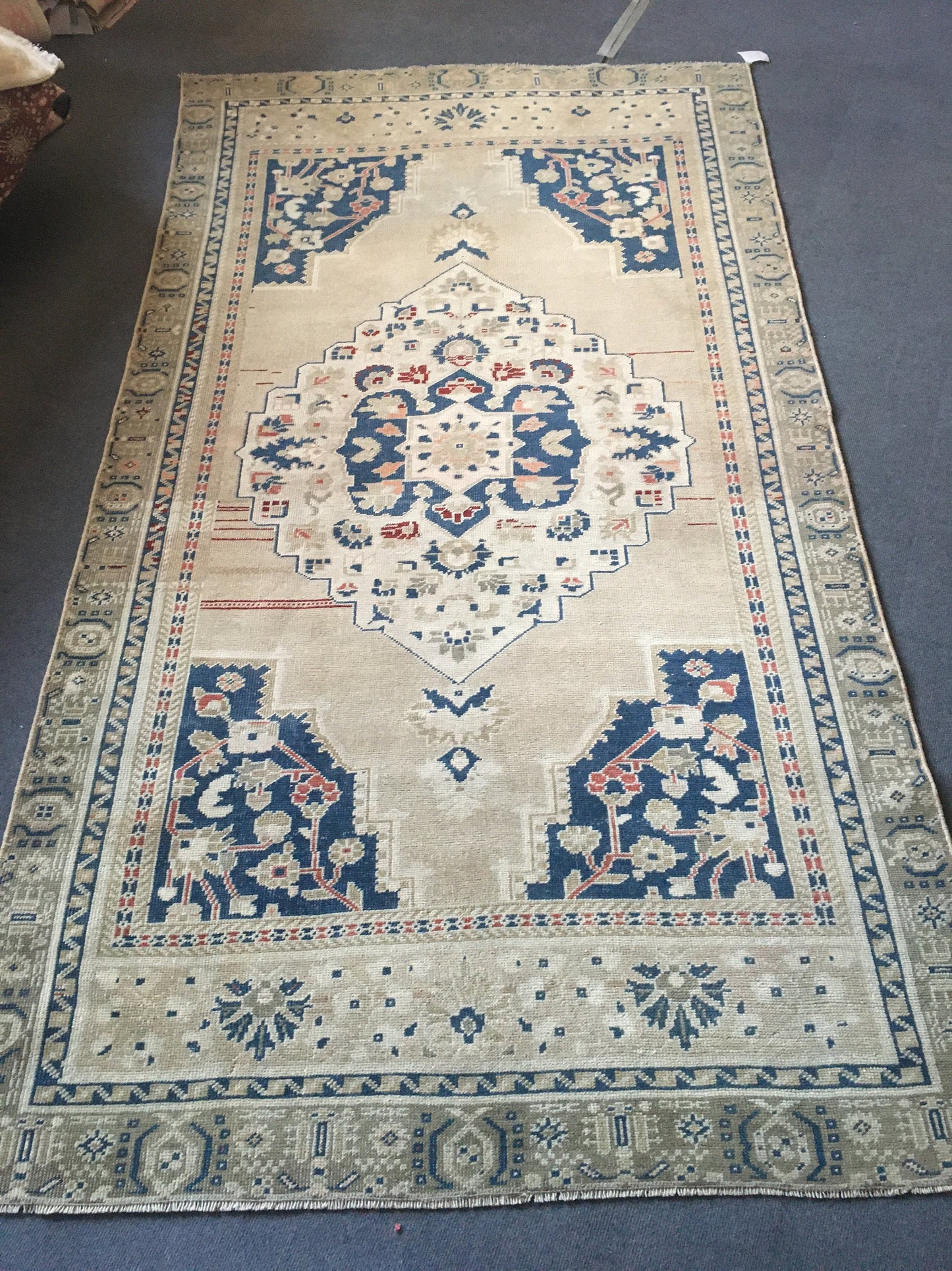 4x8 feet handmade muted oversize wide runner rug, vintage turkish living room rug, oversize kitchen area rug, wool blue persian big size rug