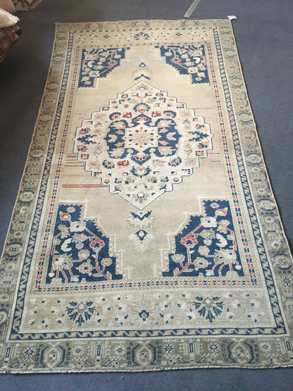 4x8 feet handmade muted oversize wide runner rug, vintage turkish living room rug, oversize kitchen area rug, wool blue persian big size rug