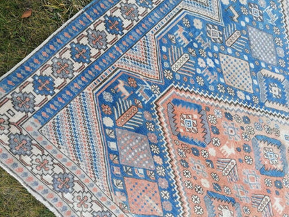 Turkish blue wool rug 6'8x10 large oushak vintage rug, unique hand made, living room rug