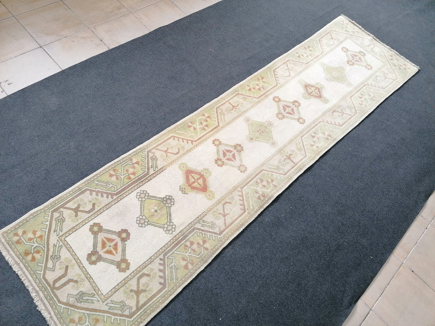 Pastel green  runner rug, 2'5x9'5 faded runner rug, turkish runner rug, vintage runner rug, hallway runner rug, kitchen runner