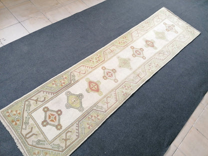 Pastel green  runner rug, 2'5x9'5 faded runner rug, turkish runner rug, vintage runner rug, hallway runner rug, kitchen runner