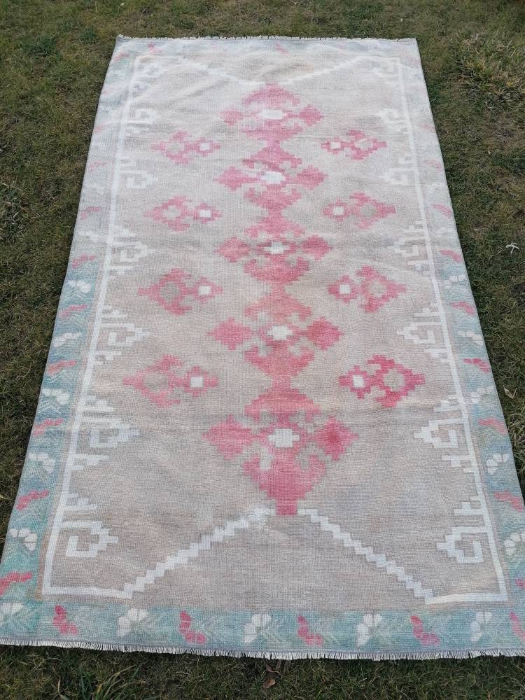 Vintage oushak rug, turkish rug 4'7x8 pastel vintage rug, handmade wool runner,
