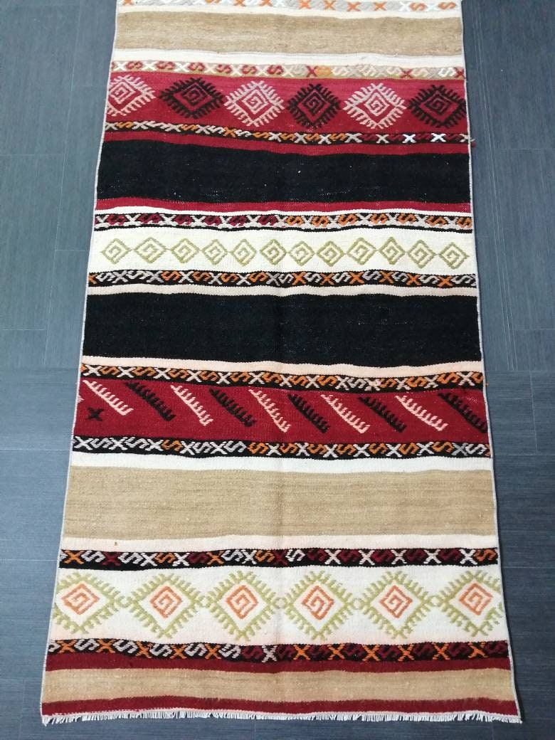 Flatwoven Runner Rug 3x15 Turkish Runner Rug Vintage Runner Rug Hallway Runner Rug Flat weaving With Embroidery Runner Rug Wool Runner Rug