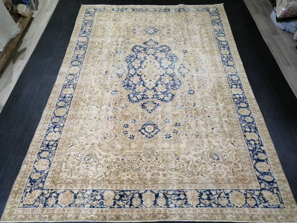 Large Persian RUG 7x10 Oriental Rug Vintage Oushak Runner Rug Rug Wool Turkish Rug Hand Made Rug Blue Vintage Persian Rug Blue and cream