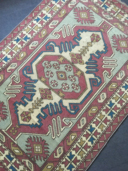 4x6 feet claret red muted vintage kitchen area rug, handmade blue turkish living room carpet, wool bedroom floor wide rug, bathroom area rug