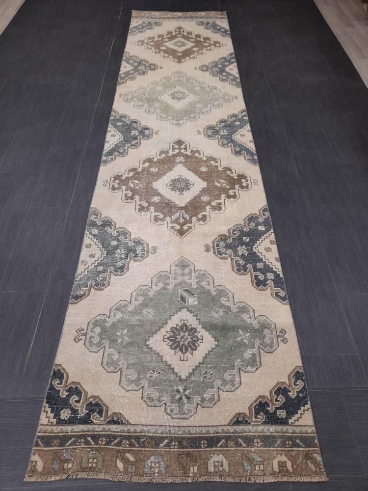 Muted Handmade Runner Rug Muted Turkish Runner Rug 3 x 12.6 Vintage Runner Rug Hallway Runner Rug Kitchen Runner Rug Pale Wool Oushak Runner