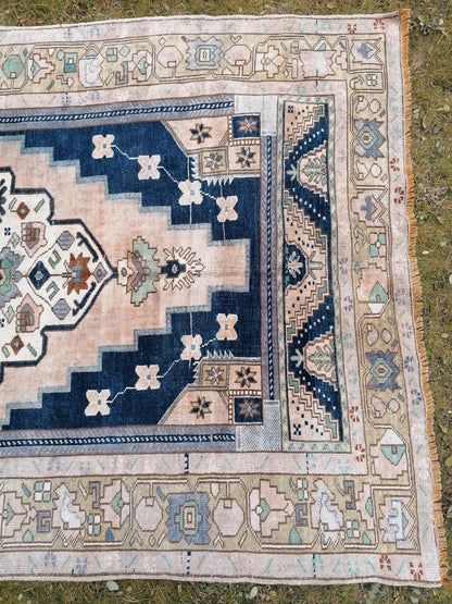 Turkish oushak rug, blue vintage rug 5'2x10 vintage oushak rug, unique hand made rug kitchen rug bohemian rug