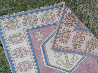 Turkish wool rug, vintage hand made rug, oushak pink rug 4'4x6'3 living room rug, area rug