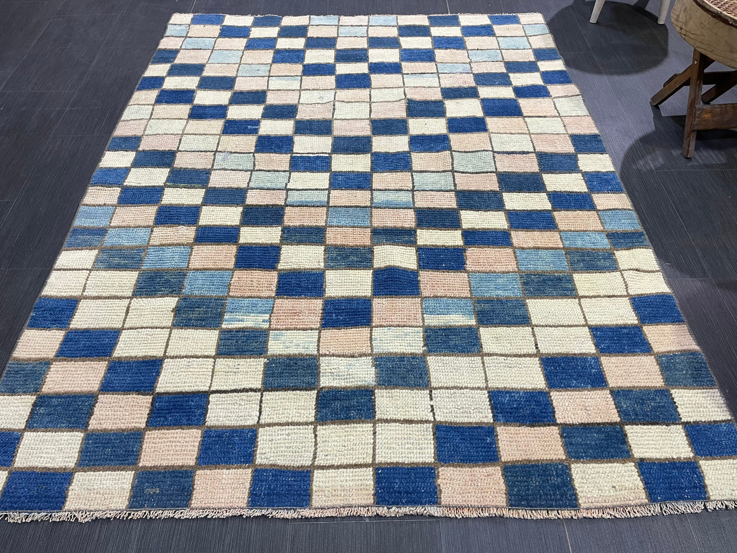 Persian Rug, Vintage 4.7 x 5.10 Rug, Navy Blue Hand Knotted Rug, HANDMADE Rug, Geometric Turkish Rug, Oushak Rug, Oriental Rug, Wool Rug