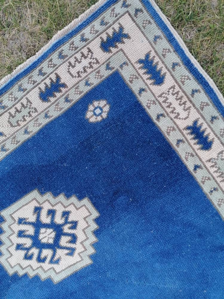 Turkish blue rug, vintage wool rug, oushak vintage rug,kitchen rug, 4x5'6 vintage anatolian rug,unique hand made bohemian