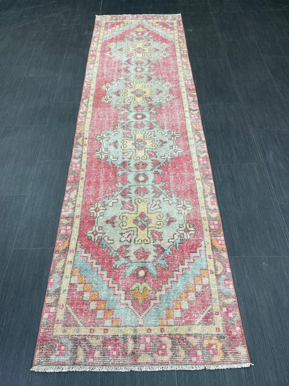 Short Vintage Runner Rug 2.4 x 8.5 Hand Knotted Runner Rug Turkish Runner Rug Vintage Runner Rug Hallway Runner Rug Wool Kitchen Runner