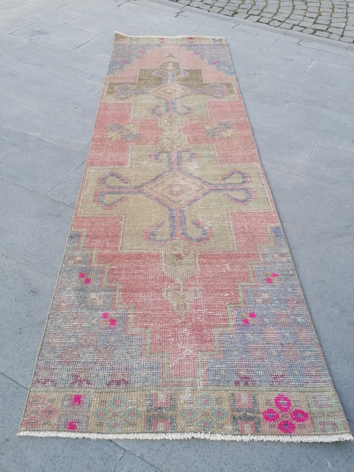 Runner rug 2'7x8'3 distressed vintage runner , rustic hand made wool runner