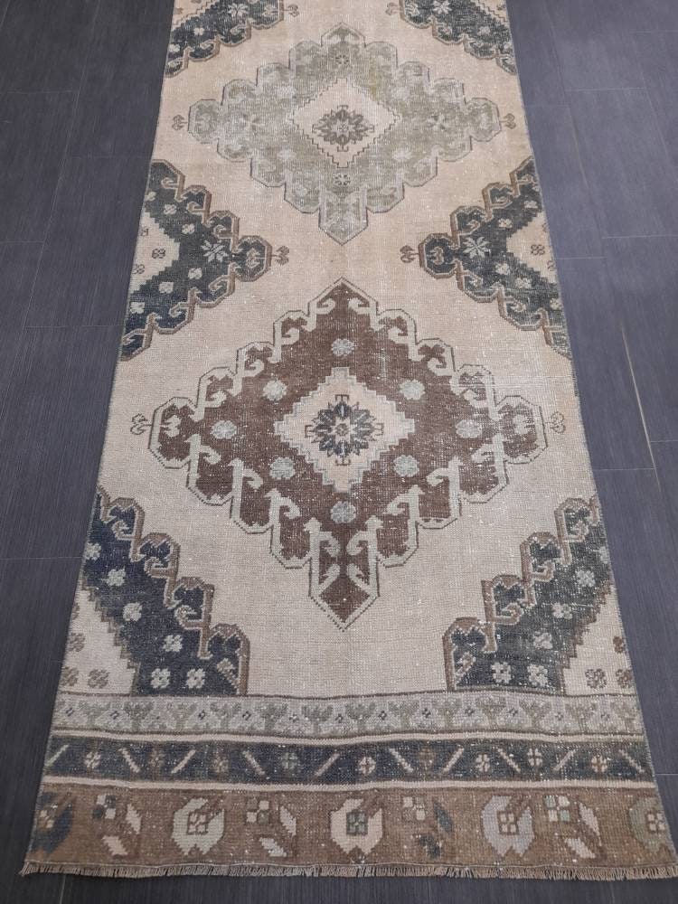Muted Handmade Runner Rug Muted Turkish Runner Rug 3 x 12.6 Vintage Runner Rug Hallway Runner Rug Kitchen Runner Rug Pale Wool Oushak Runner
