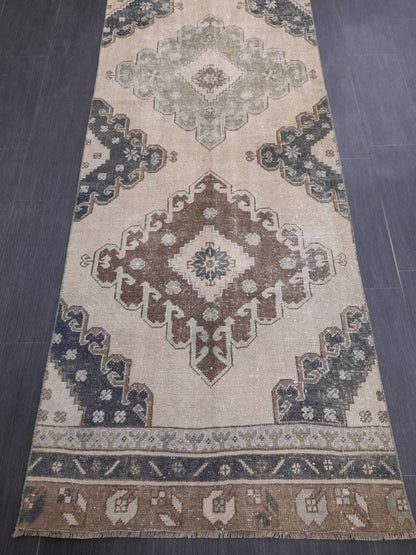 Muted Handmade Runner Rug Muted Turkish Runner Rug 3 x 12.6 Vintage Runner Rug Hallway Runner Rug Kitchen Runner Rug Pale Wool Oushak Runner