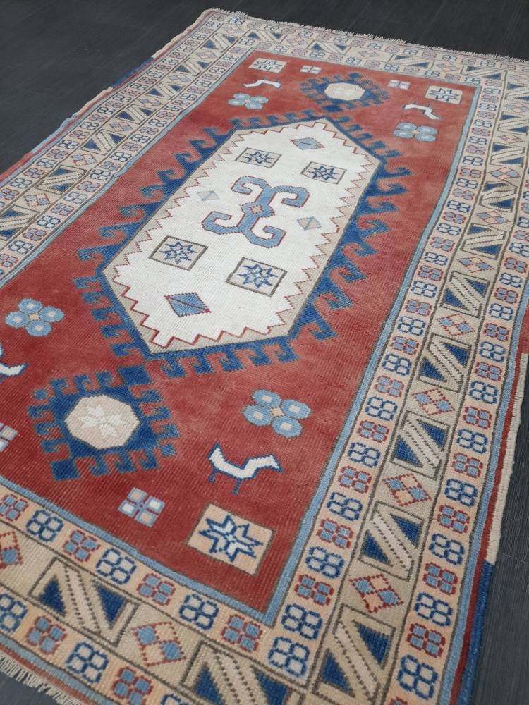 VINTAGE RUG 4.4 x 6.3 TURKISH Rug Vintage Oushak Rug Hand Knotted Rug Wool Oushak Rug Hand Made Rugs Vintage Turkish Rug Hand Knotted Rug