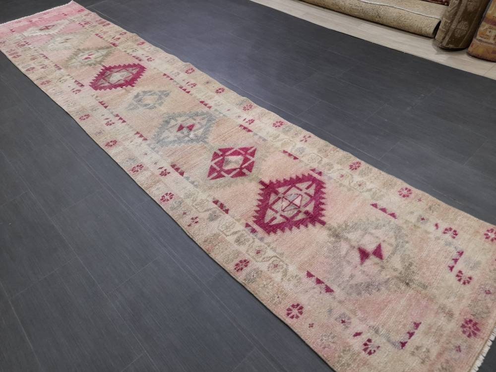 Muted Vintage Runner Rug Vintage Oushak Runner Rug 2.6 x 12.4 Hallway Runner Rug Turkish Kitchen Runner Rug Antique Wool Oriental Runner Rug