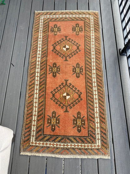 2.5x5 feet turkish small runner, vintage small rug, vintage oushak runner, kitchen hand made mini runner, wool living room bohemian runner