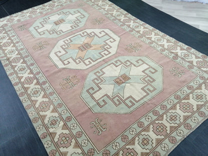 Muted OUSHAK RUG 9.7 x 6.4  Muted Vintage Rug Vintage Rug Dusty Rose And Ice Blue Wool Oushak Rug Hand Made Rugs Vintage Turkish Rug