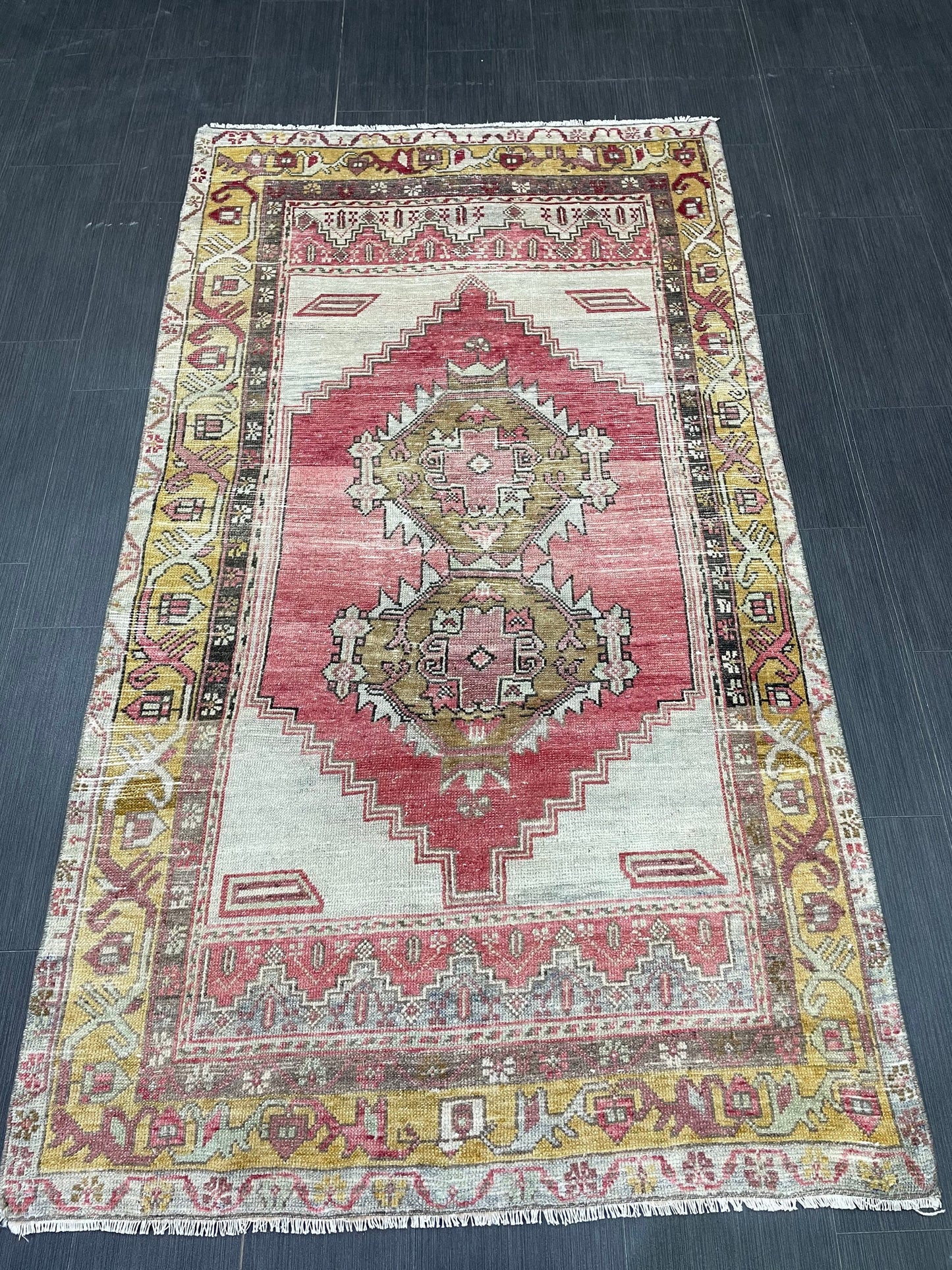 Vintage TURKISH Rug 3.7 x 6.7 Muted Rug Vintage Oushak Wool On Wool Rug Vintage Runner Rug Wool Rug Hand Made Rugs Vintage Turkish Rug