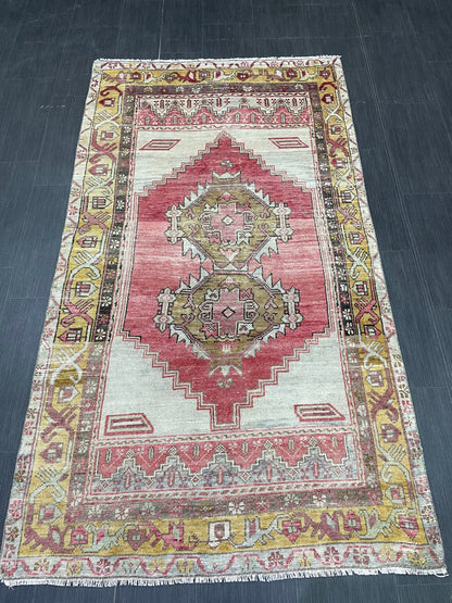 Vintage TURKISH Rug 3.7 x 6.7 Muted Rug Vintage Oushak Wool On Wool Rug Vintage Runner Rug Wool Rug Hand Made Rugs Vintage Turkish Rug