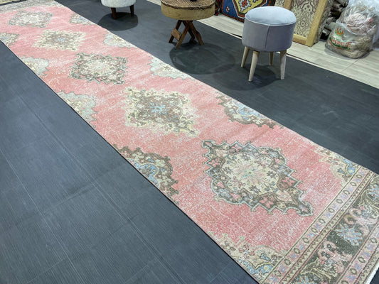 Turkish RUNNER Rug, Oushak 2.10 x 13.10 Runner Rug, Distressed Runner Rug, Wool Oushak Muted Rugs, Vintage Runner Rug,Handmade Rug Runner
