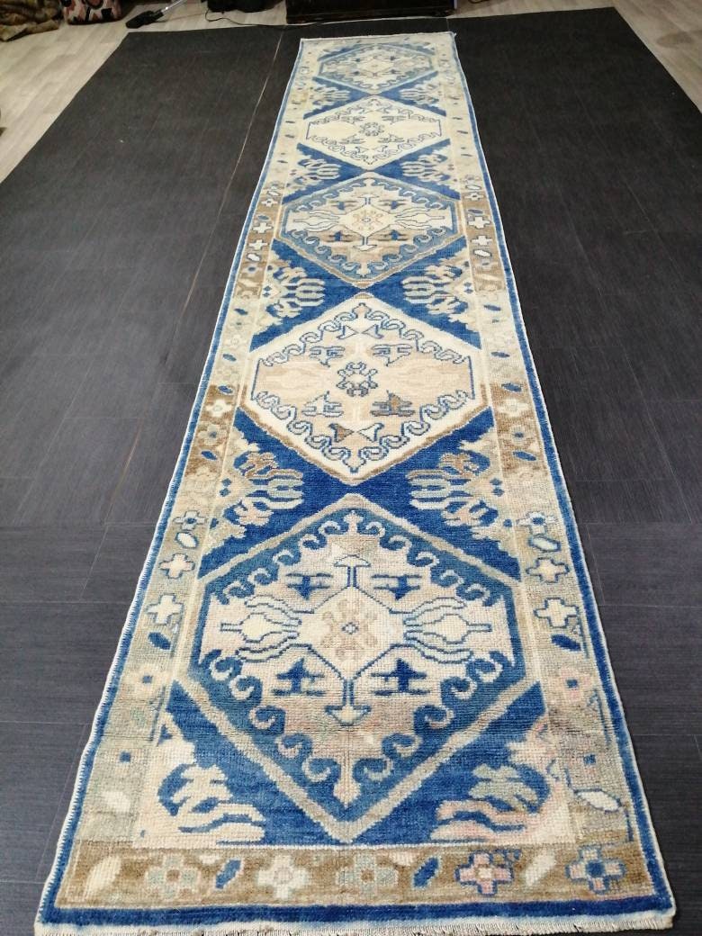 Blue Turkish Oushak Runner 2.8 x 14.5 Turkish Runner Rug XL Vintage Runner Rug Long Hallway Runner Rug Kitchen Runner High Wool Pile Runner