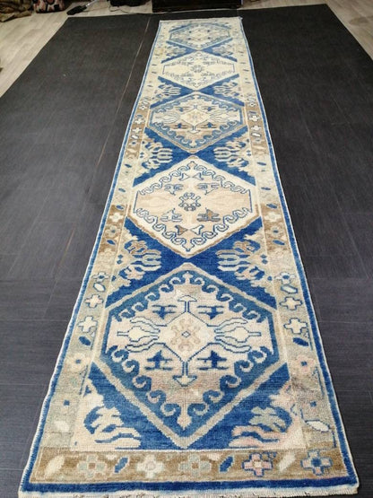 Blue Turkish Oushak Runner 2.8 x 14.5 Turkish Runner Rug XL Vintage Runner Rug Long Hallway Runner Rug Kitchen Runner High Wool Pile Runner