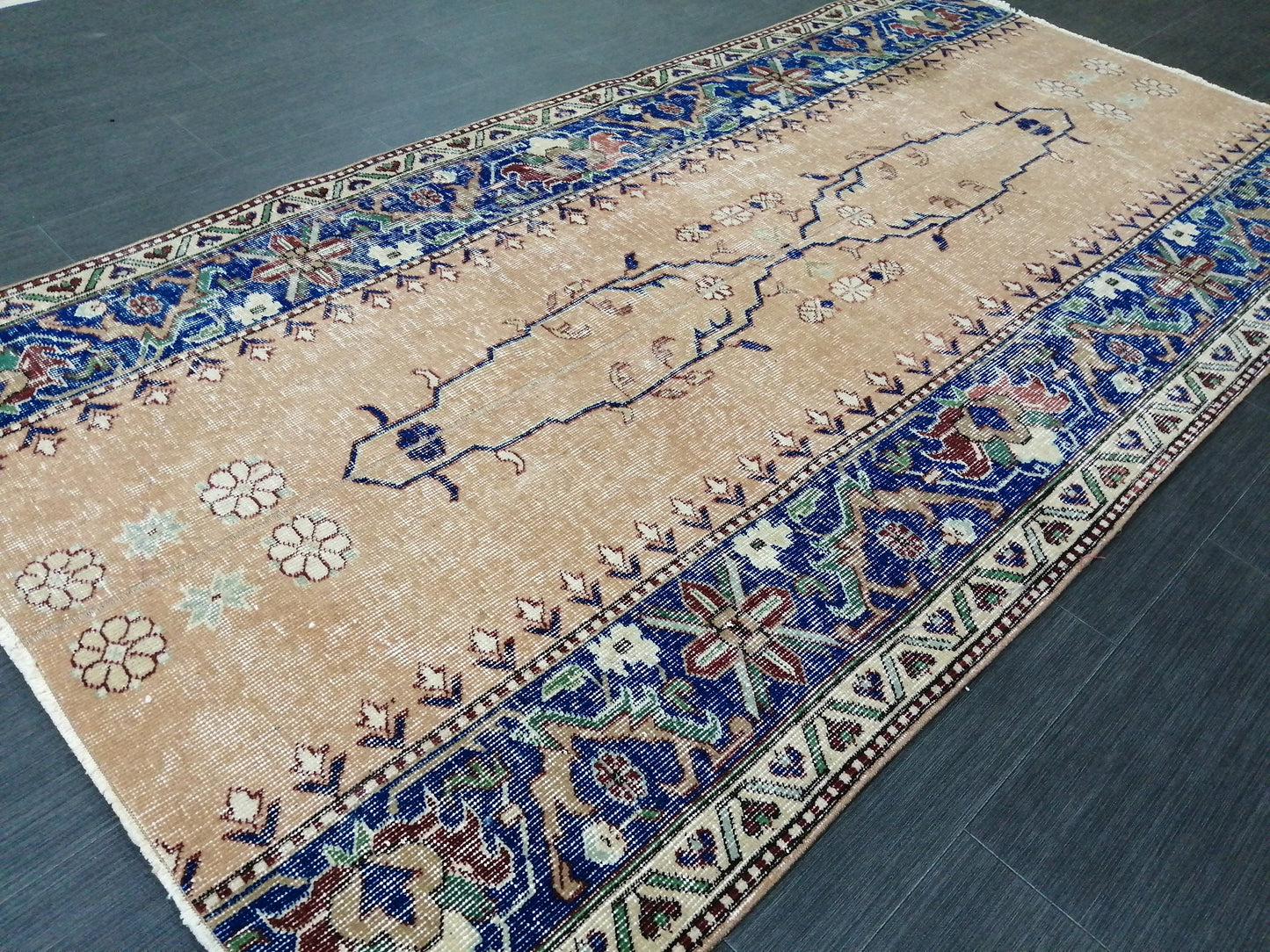 3.7 x 7.2 Blue Runner Rug, Hand Made Rug, Oushak Rug,  Boho Rug, Rug Runner, Turkish Rug, Farmhouse Rug, Vintage Rug, Wool rug Oriental Rug