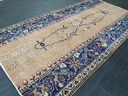 3.7 x 7.2 Blue Runner Rug, Hand Made Rug, Oushak Rug,  Boho Rug, Rug Runner, Turkish Rug, Farmhouse Rug, Vintage Rug, Wool rug Oriental Rug