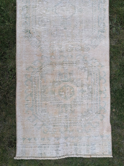 2'4x11 feet, distressed vintage runner rug, muted  turkish runner rug, pastel kitchen runner, hallway runner, vintage anatolian rug