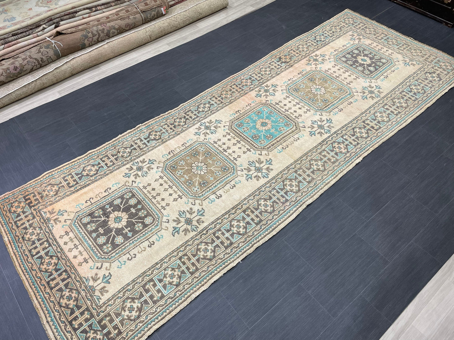 Vintage Runner Rug 4.6 x 12.6 Muted TURKISH Muted Runner Rug Vintage Oushak Runner Rug Long Runner Rug Wool Oriental Runner Handmade Runner