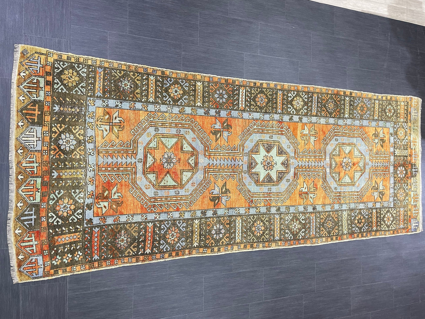 Vintage Hand Knotted Vintage 4.3 x 11.3 Runner Oushak Runner Rug Turkish Runner Rug Vintage Runner Rug Star Kitchen Runner Natural Wool