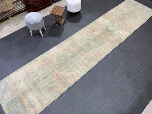 Muted OUSHAK RUG TURKISH 2.9 x 13.2 Rug Runner Vintage Runner Rug Vintage Runner Rug Wool Oushak Rug Hand Made Rugs Vintage Turkish Runner