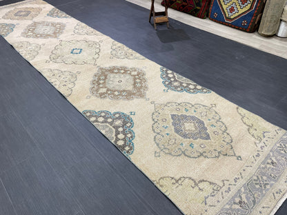 Muted Turkish Runner Rug Vintage 3 x 13.7 Runner Rug Hallway Runner Rug Hand Knotted Runner Kitchen Runner Rug Handmade Runner Rug