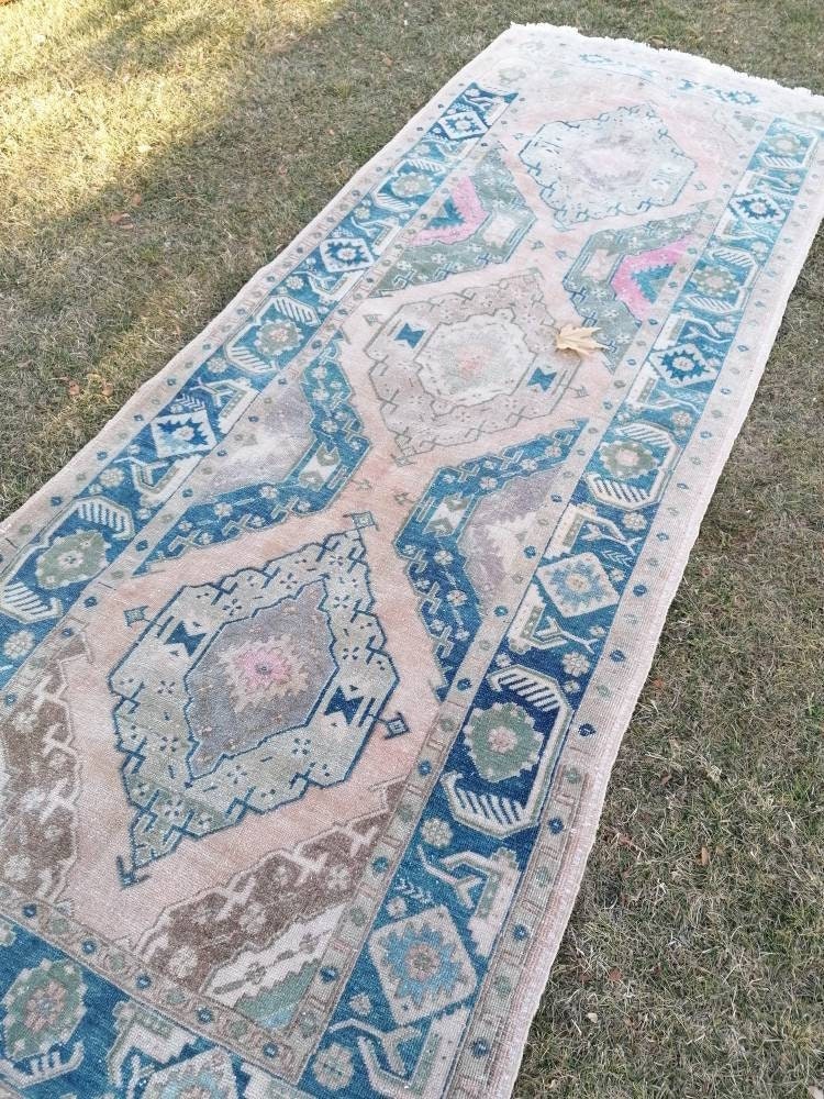 Turkish runner rug 4'7x12'4  blue runner rug,vintage oushak runner rug,kitchen runner rug,hallway runner rug,vintage runner rug