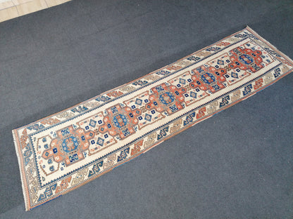 Hallway wool runner rug, handmade runner rug 2'2x8'6 blue bohemian rug, vintage oushak runner, turkish runner rug