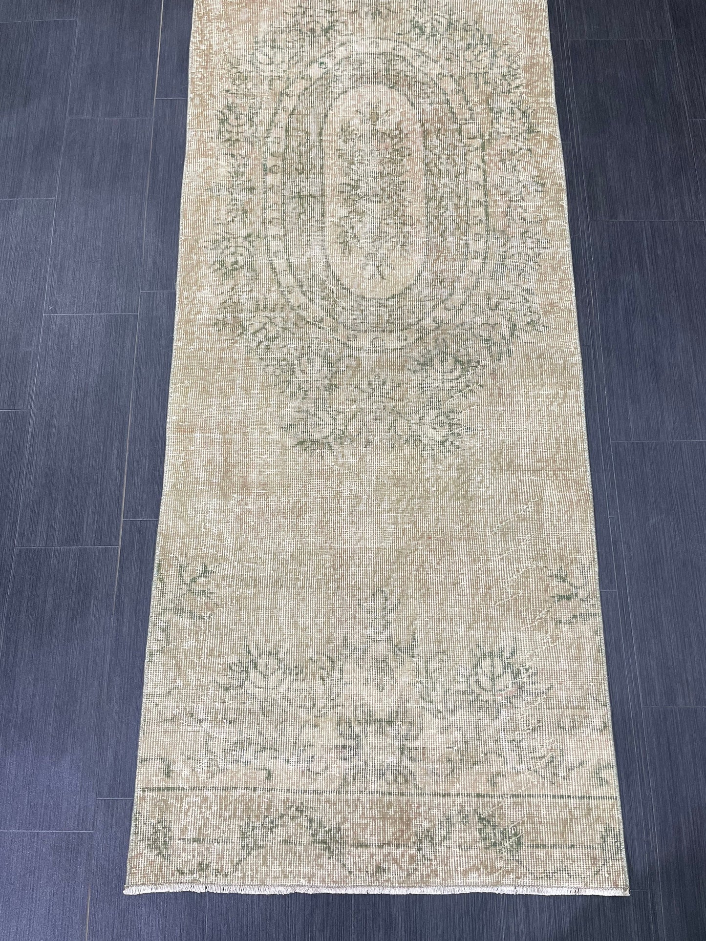 Oushak Runner Rug 2.7 x 9.4 Muted Turkish Runner Rug Green Vintage Neutral Runner Rug Hallway Natural Runner Kitchen Runner Rug Wool Runner