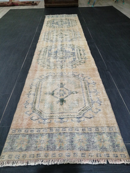 10.9 x 2.4 Faded Oushak Runner Rug Turkish Runner Rug Vintage Runner Rug Hallway Runner Rug Kitchen Runner Wool Runner Rug Wool Oushak Rug