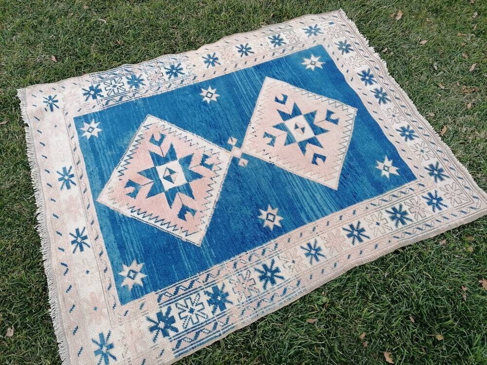 Oushak turkish rug, blue vintage wool rug, 4'5x5'7 vintage hand made wool rug, living room rug, bohemian rug
