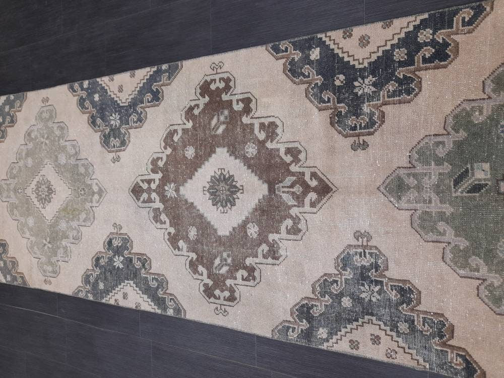 Muted Handmade Runner Rug Muted Turkish Runner Rug 3 x 12.6 Vintage Runner Rug Hallway Runner Rug Kitchen Runner Rug Pale Wool Oushak Runner