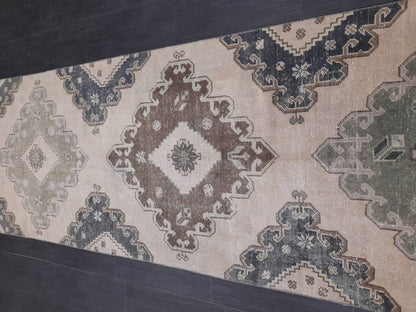 Muted Handmade Runner Rug Muted Turkish Runner Rug 3 x 12.6 Vintage Runner Rug Hallway Runner Rug Kitchen Runner Rug Pale Wool Oushak Runner
