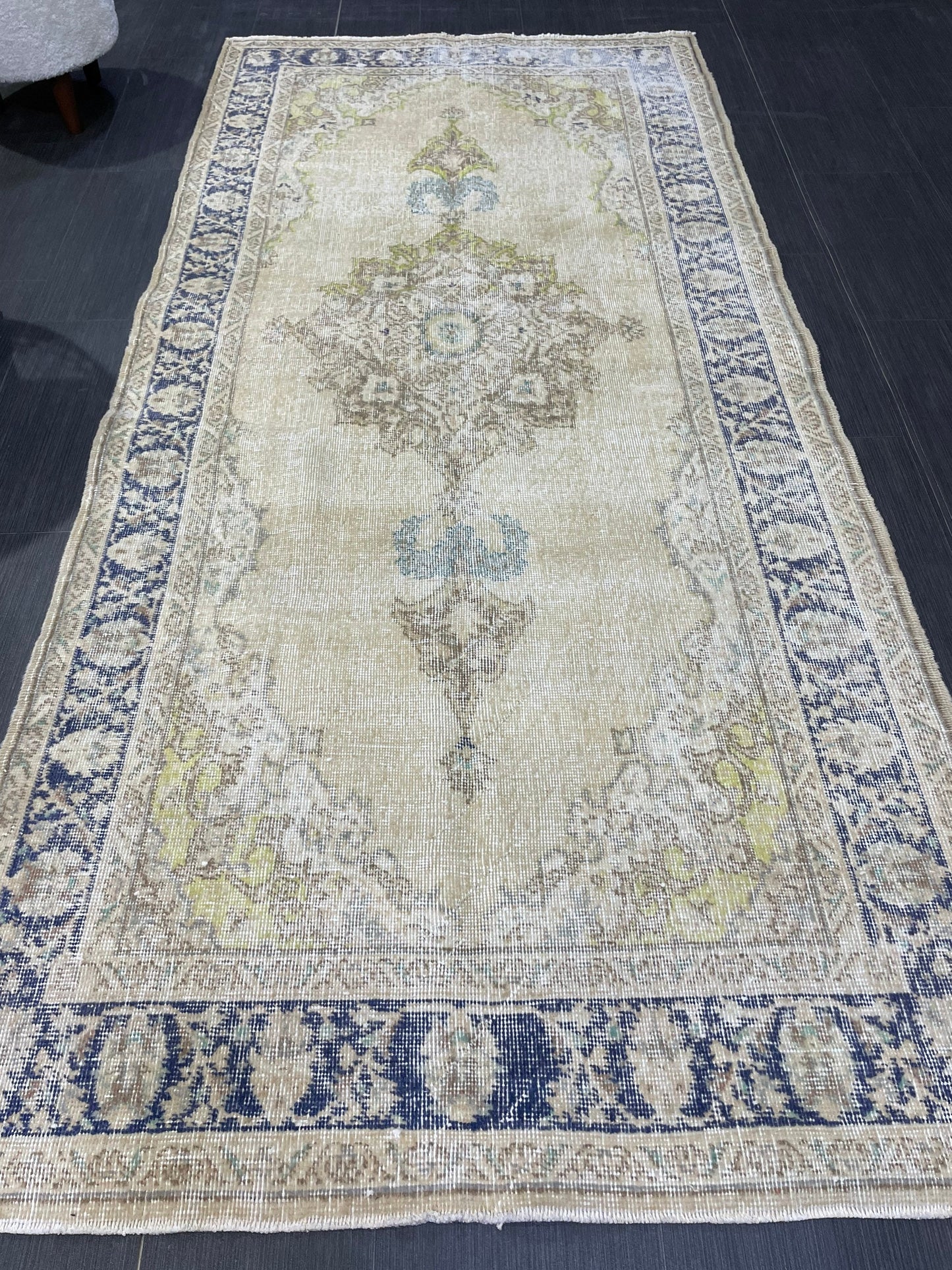 Muted Vintage Turkish Oushak Rug, Antique 3.8 x 8 Rug, Distressed Vintage Wool Rug, Handmade Rug, Hand Knotted