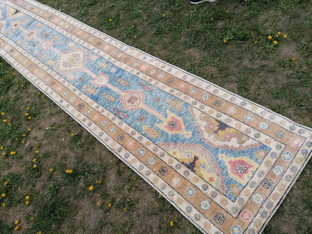 Oushak wool runner 3x14'9 new production turkish oushak handmade rug, hallway runner rug