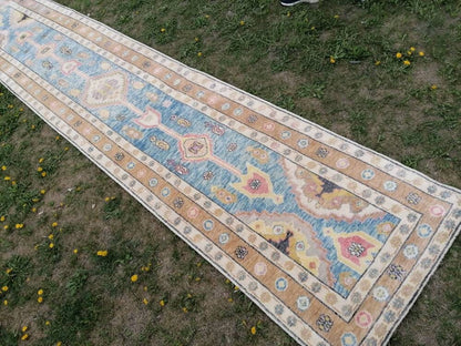 Oushak wool runner 3x14'9 new production turkish oushak handmade rug, hallway runner rug